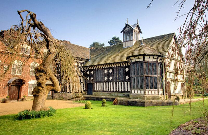 Rufford Old Hall, near to Rufford, Lancashire, Great Britain. From the grounds of Rufford Old Hall