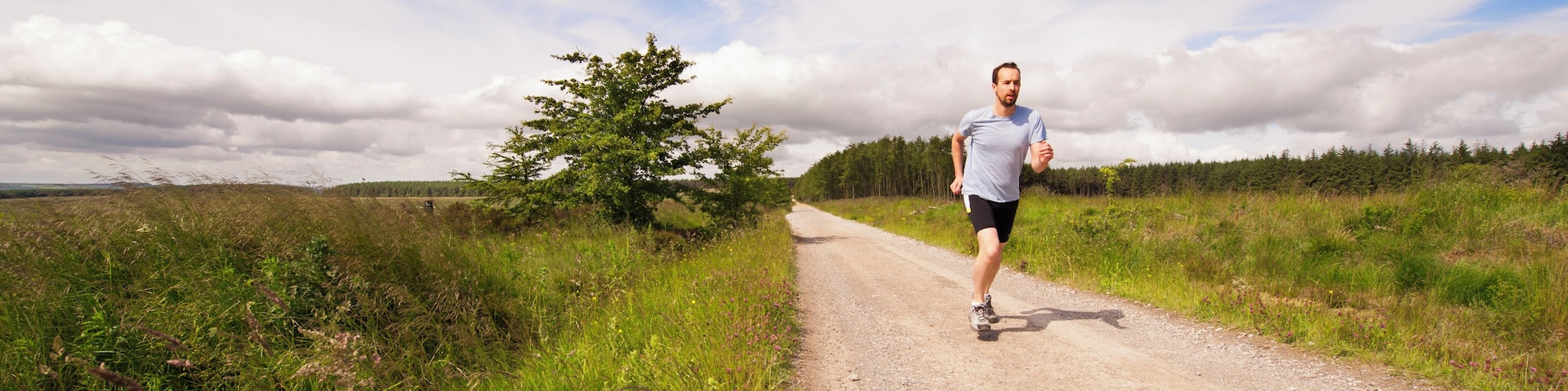 Une personne fait du jogging sur un chemin de gravier, entourée d’herbe et d’arbres, sous un ciel partiellement nuageux.