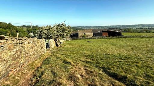 "A late evening glow is cast over a serene rural landscape, with a dry stone wall leading to a barn, framed by a leaning tree. Lush fields stretch beneath a clear blue sky in, Stainburn, Otley, UK"