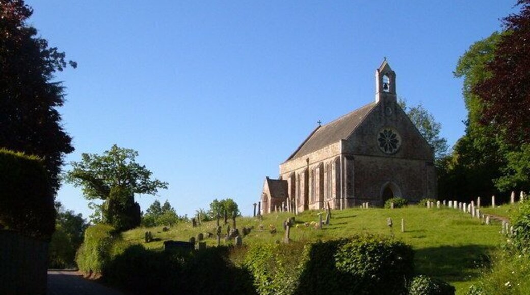 St John's church, Tipton St John. In the western part of the village, Tipton Vale, on the west side of the River Otter. The church, on its hill overlooking a narrow stretch of lane, dates from 1839-40.