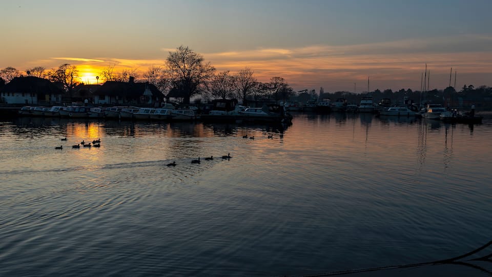 A sunset over a calm harbor with boats and houses along the shore.