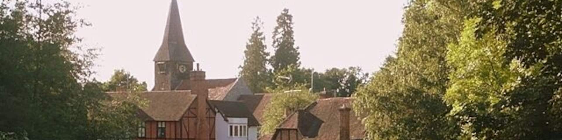 Whitchurch from the toll bridge St. Mary the Virgin church, Whitchurch, and its surrounding buildings around the mill stream on the north bank of the Thames.