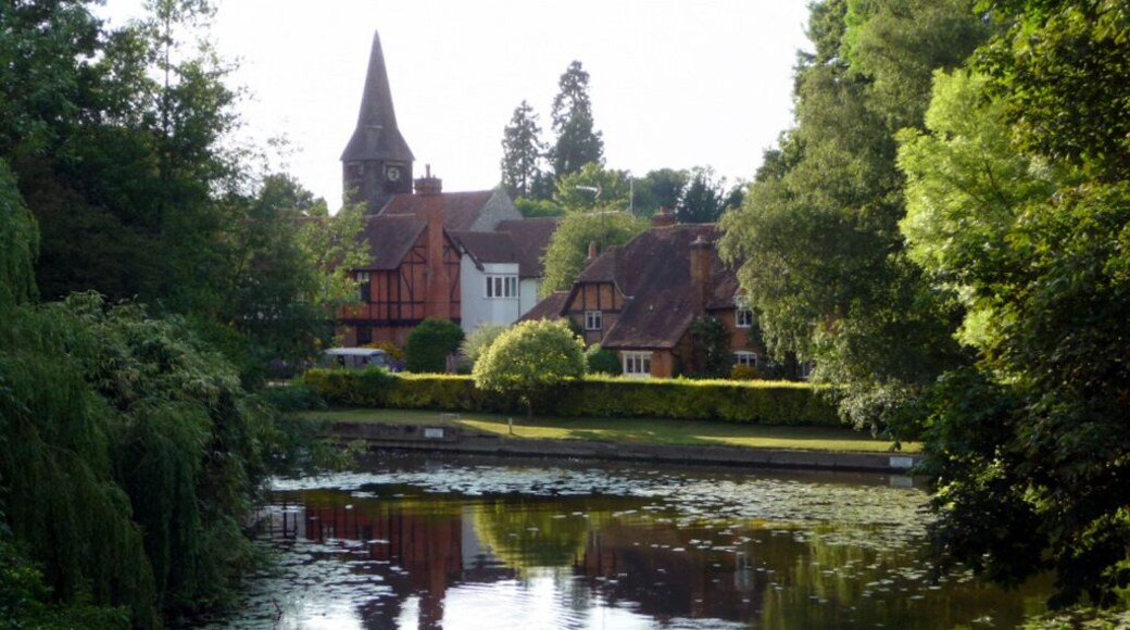Whitchurch-on-Thames from the toll bridge The spire of St Mary's Church can be seen in the distance.
