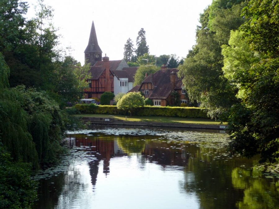 Whitchurch-on-Thames from the toll bridge The spire of St Mary's Church can be seen in the distance.