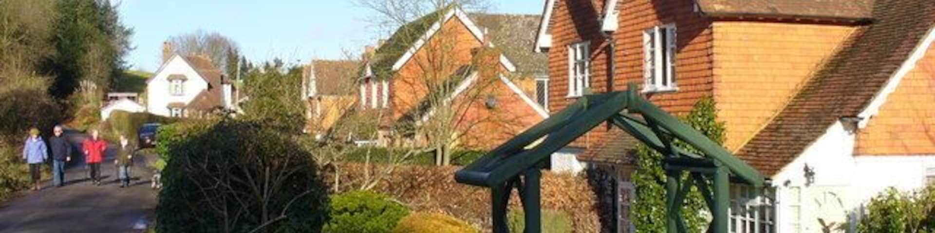 Pond Lane Tile-hung cottages line the quiet road heading north from Peaslake's Hurtwood Inn.