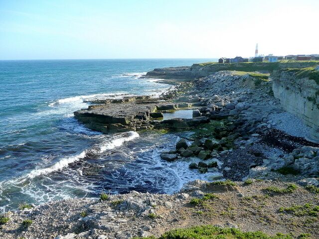 A rocky coastline with waves crashing against the shore, a lighthouse in the distance, and a grassy cliff edge.