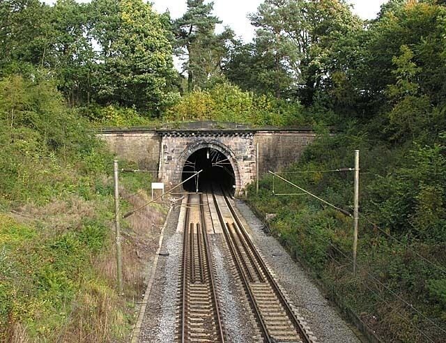 Prestbury tunnel. The ornate fascia of the railway tunnel at Prestbury. The line was opened in 1845 as a branch of the Manchester and Birmingham Railway.
