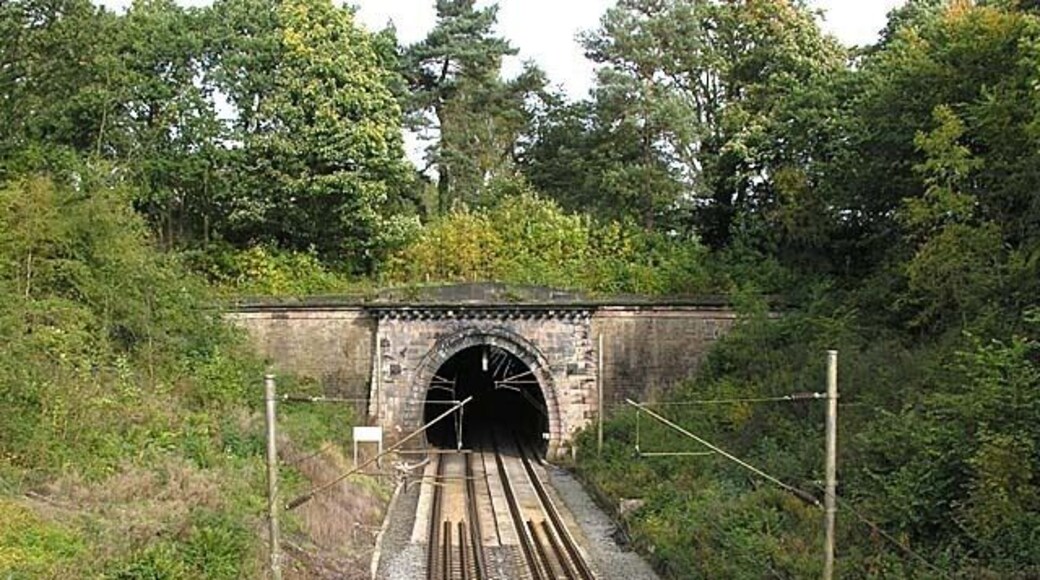 Prestbury tunnel. The ornate fascia of the railway tunnel at Prestbury. The line was opened in 1845 as a branch of the Manchester and Birmingham Railway.