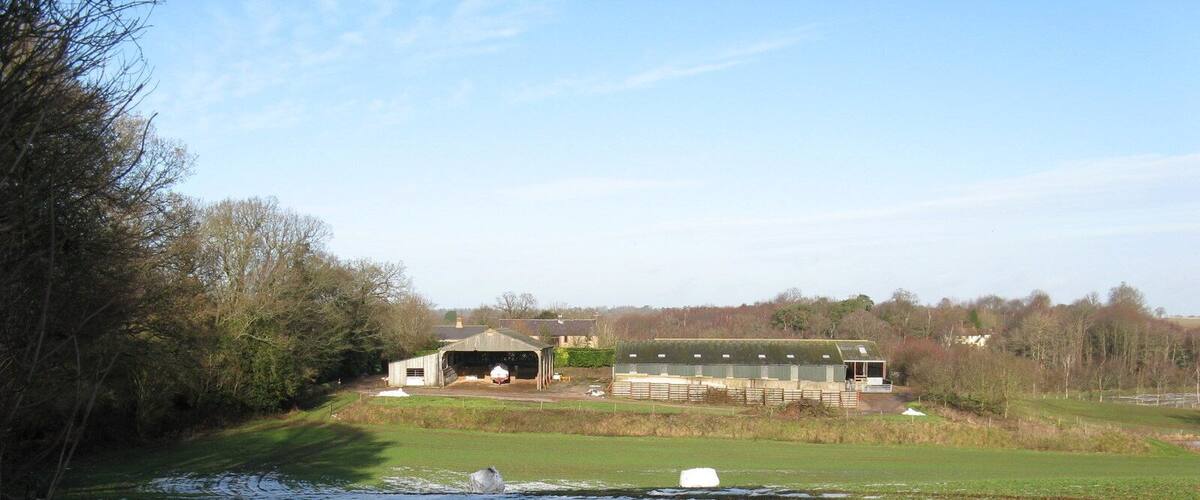 A rural landscape with a barn, open fields, and a small pond.