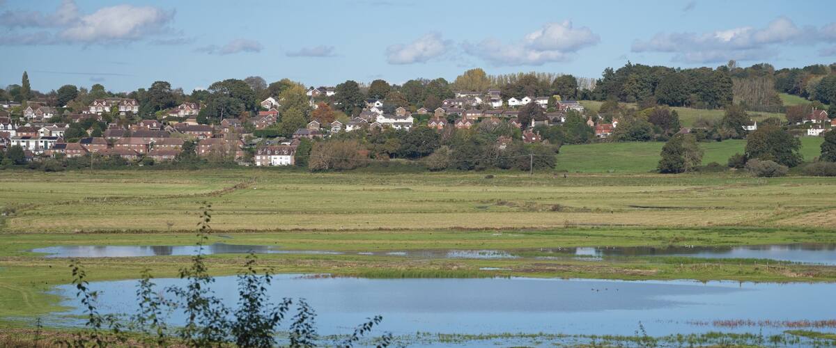 A rural landscape with a pond, green fields, and a village in the background.