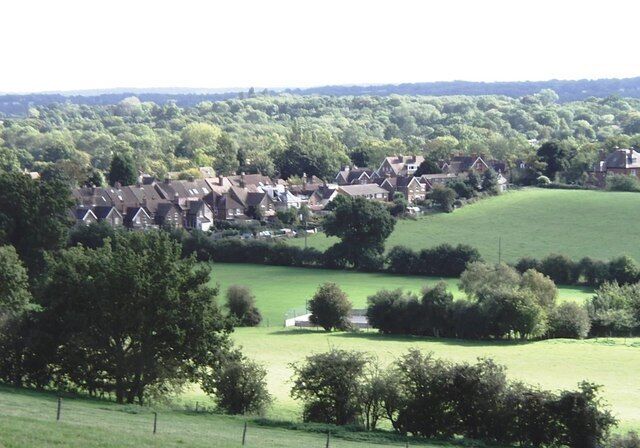 South Nutfield. This was taken looking down on the village from the Greensand Way. The wooded area to the south-east is part of the Low Weald.