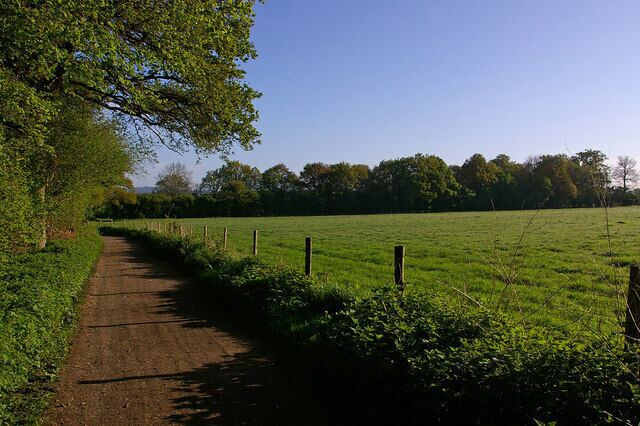 Field near Perry Wood Perry Wood is on the left of the track, which forms part of Route 21 of the National Cycle Network.