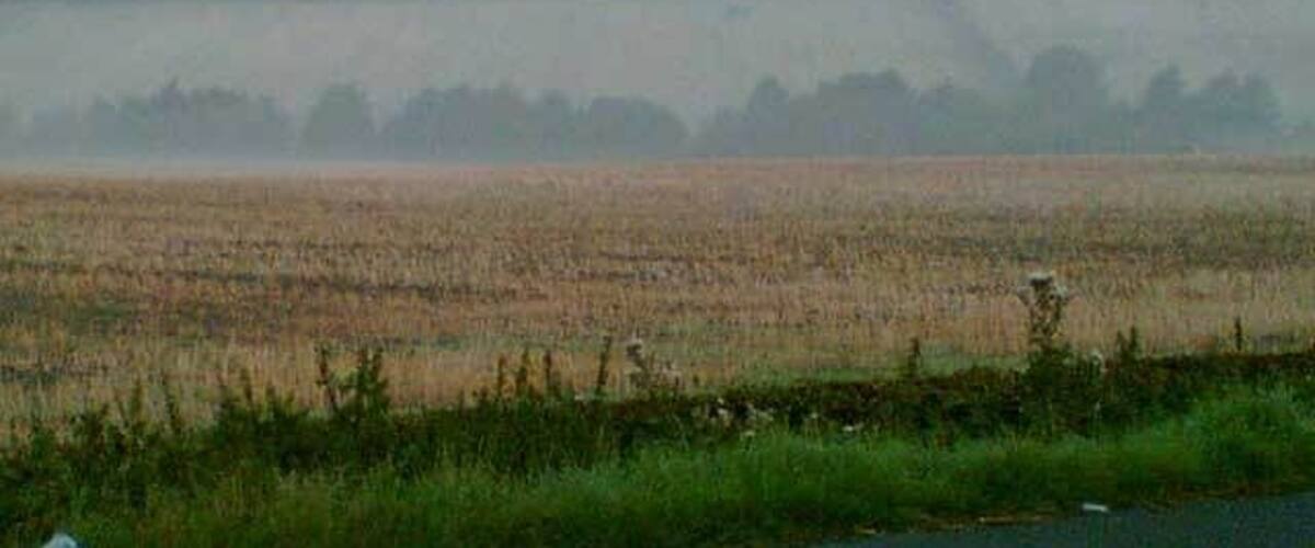 A misty rural landscape with a field in the foreground and a village with a church in the background.
