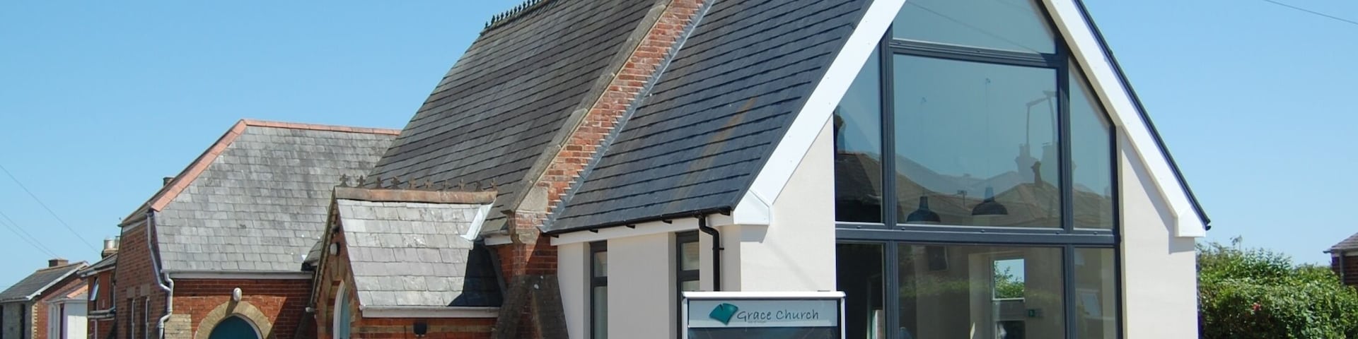 Grace Church IoW, 79 Marlborough Road, Ryde, Isle of Wight, England. This is the former Elmfield Congregational Chapel, situated in the Elmfield suburb of Ryde and now occupied by an Evangelical church which has a second chapel in nearby Seaview. This image shows the building after the recent completion of a major renovation and extension at the front.