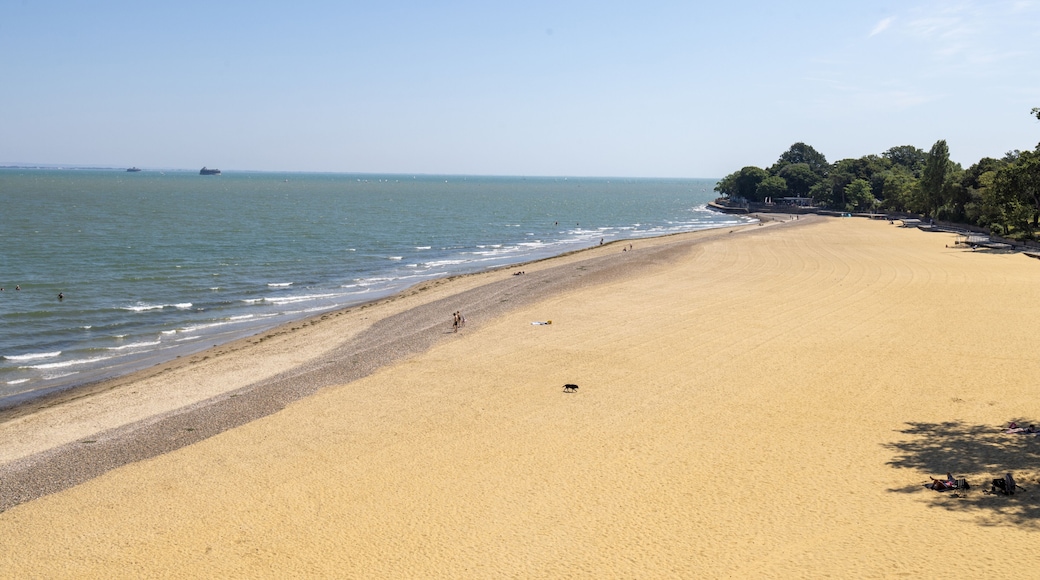 Wide sandy beach at Appley Beach in Ryde on the Isle of Wight with gentle waves along the shoreline and a peaceful summer coastline creating a relaxing seaside landscape beneath a clear blue sky