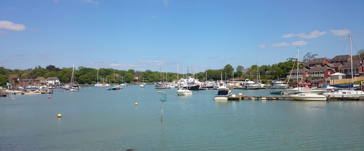 A marina with various boats docked, surrounded by houses and greenery.