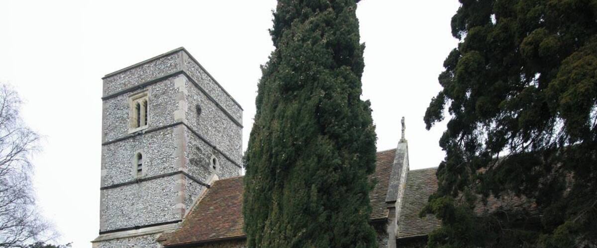 A stone church with a tall tower and a large tree in front.
