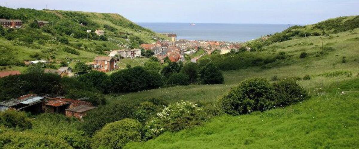 A coastal village with green hills, houses, and a view of the sea.