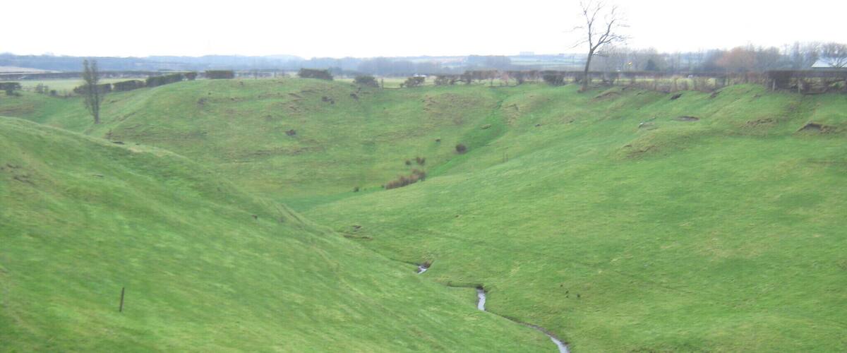 A green hillside with a narrow stream running through it.