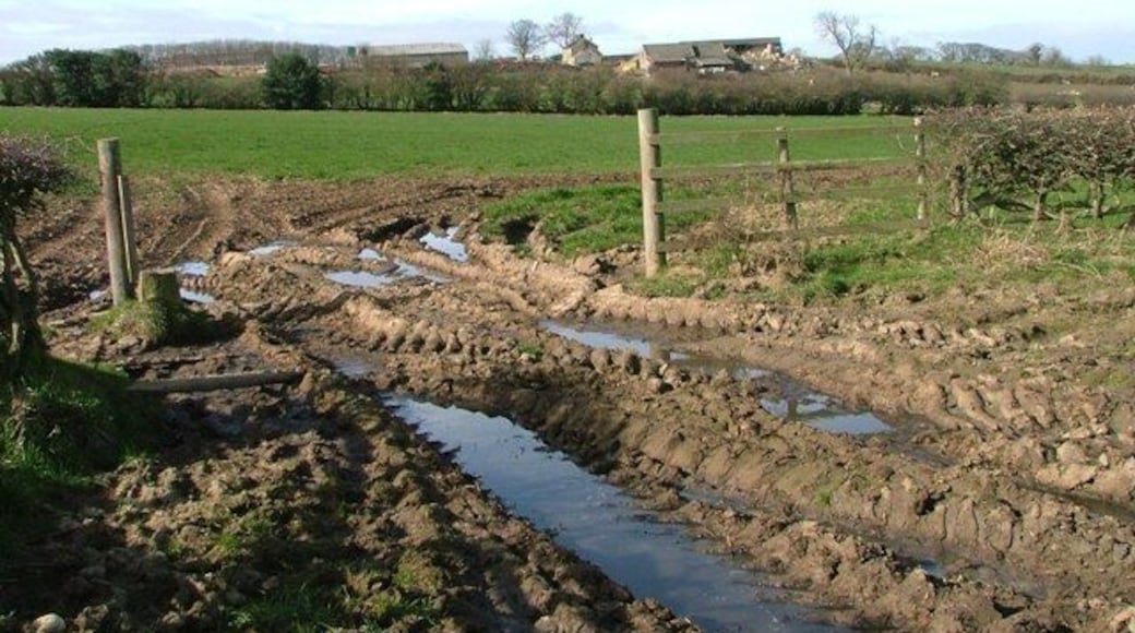 Muddy Field Entrance With Blue House Farm in the distance.