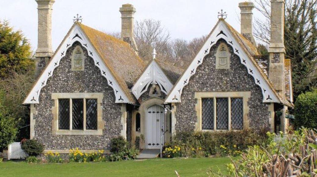 Almshouses, Bishopstone These almshouses on the Village Green were built as a memorial to the wife of William Catt. They were designed by the Victorian architect Ewan Christian.
