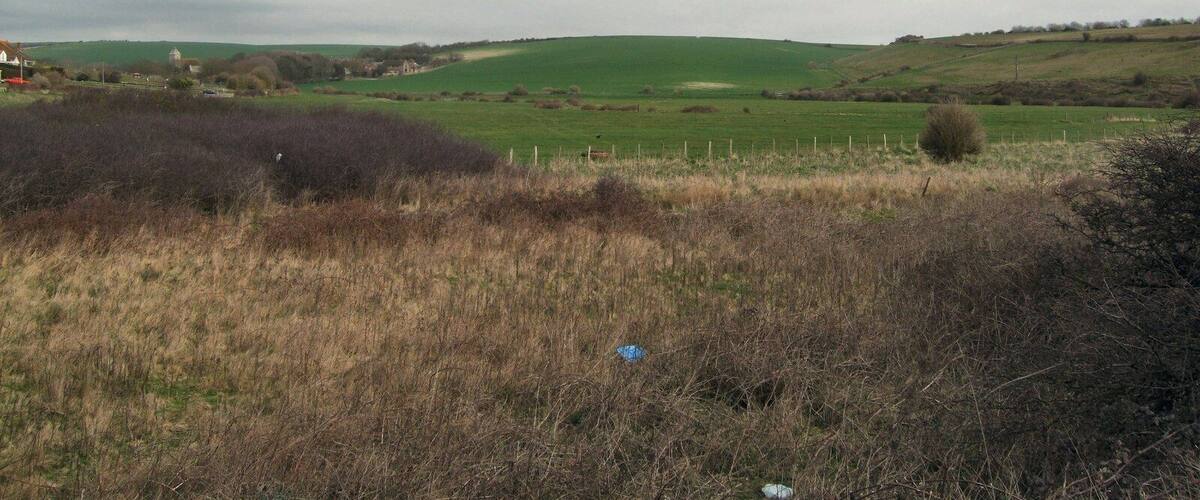 A rural landscape with rolling green hills, a small white building, and a blue object in the foreground.