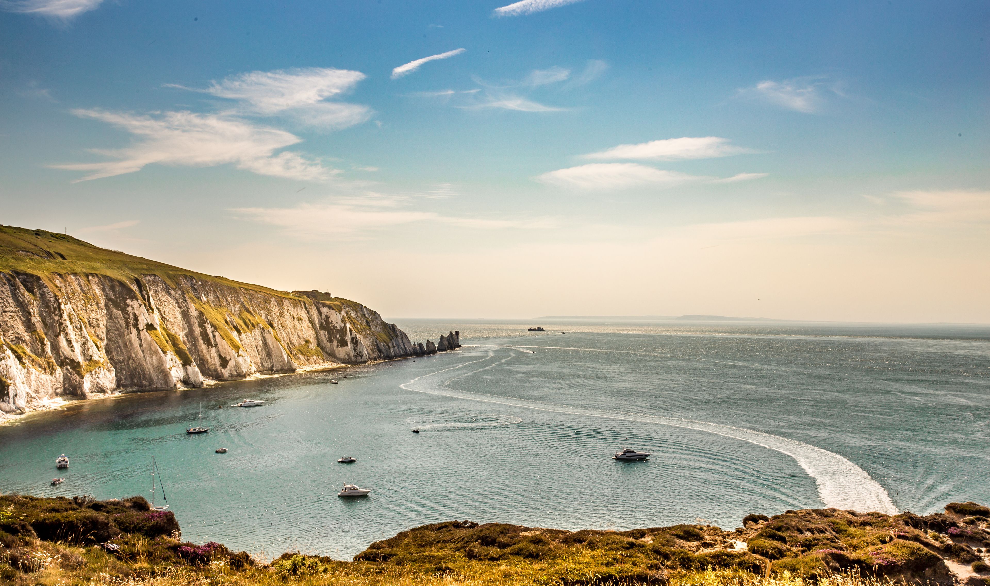 Late summer evening at the Needles.Beautiful landscape from The Needles Isle of Wight,one of the most romantic and iconic places in England,Needles park Isle of Wight