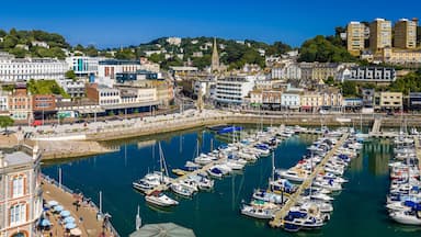 Aerial view of Torquay Marina on a sunny day, featuring yachts, boats, promenade, and blue sea along the English Riviera coastline