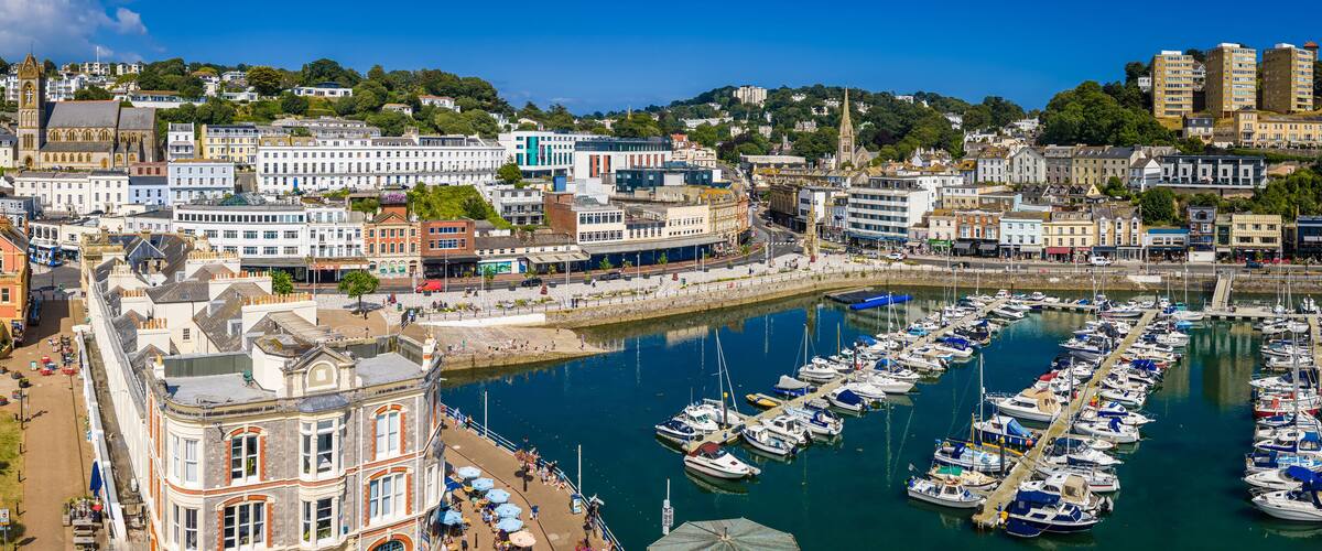 A harbor with numerous boats docked, a promenade with people, and historic buildings along the waterfront.