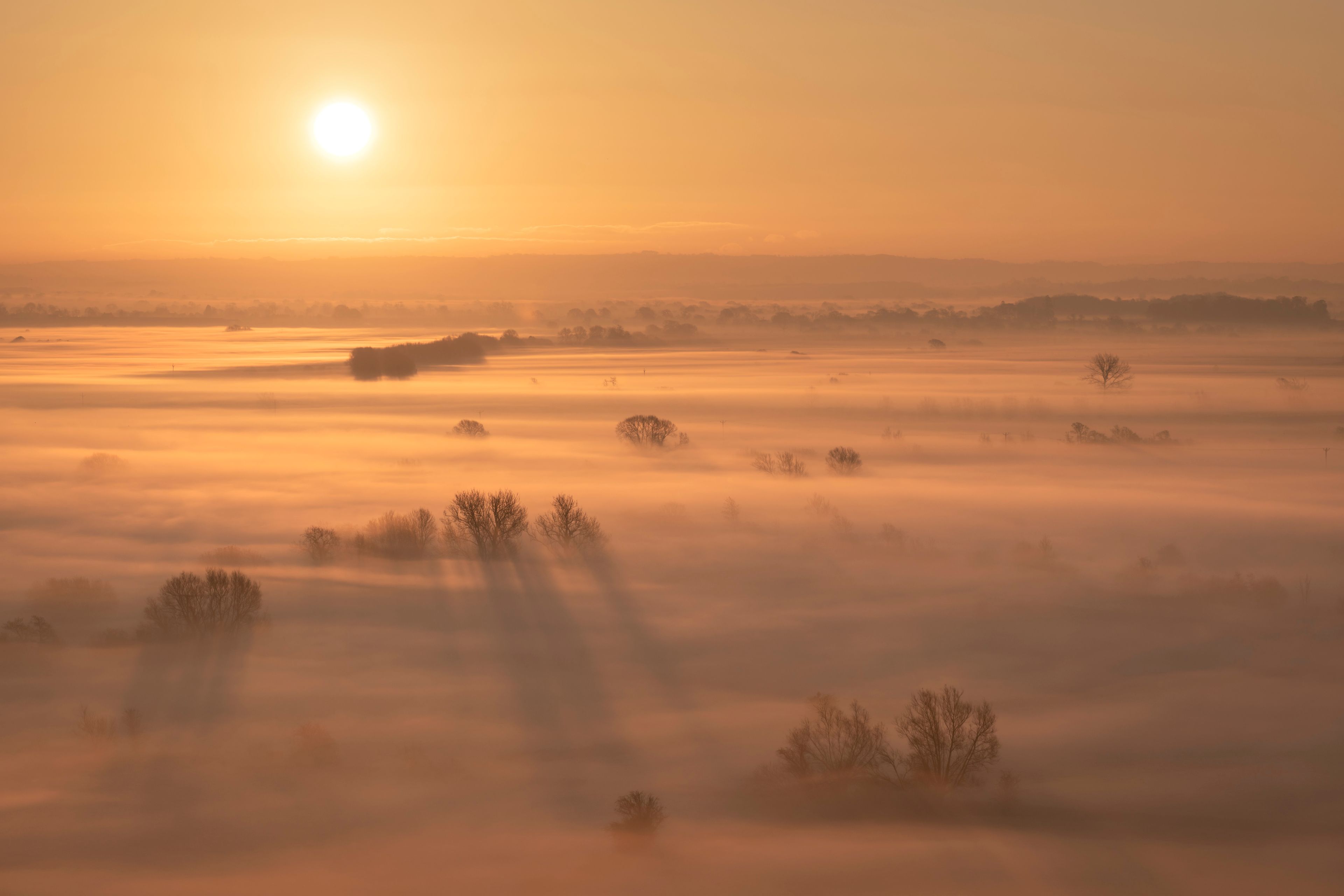 A sunrise over a foggy landscape with trees and distant hills.