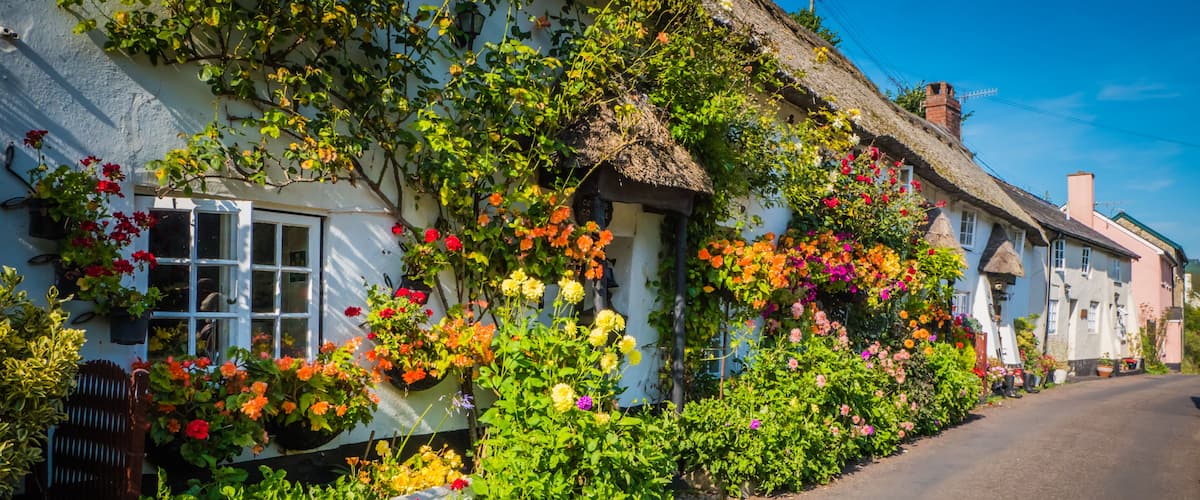 A quaint village with thatched-roof cottages, vibrant flower boxes, and a narrow road.