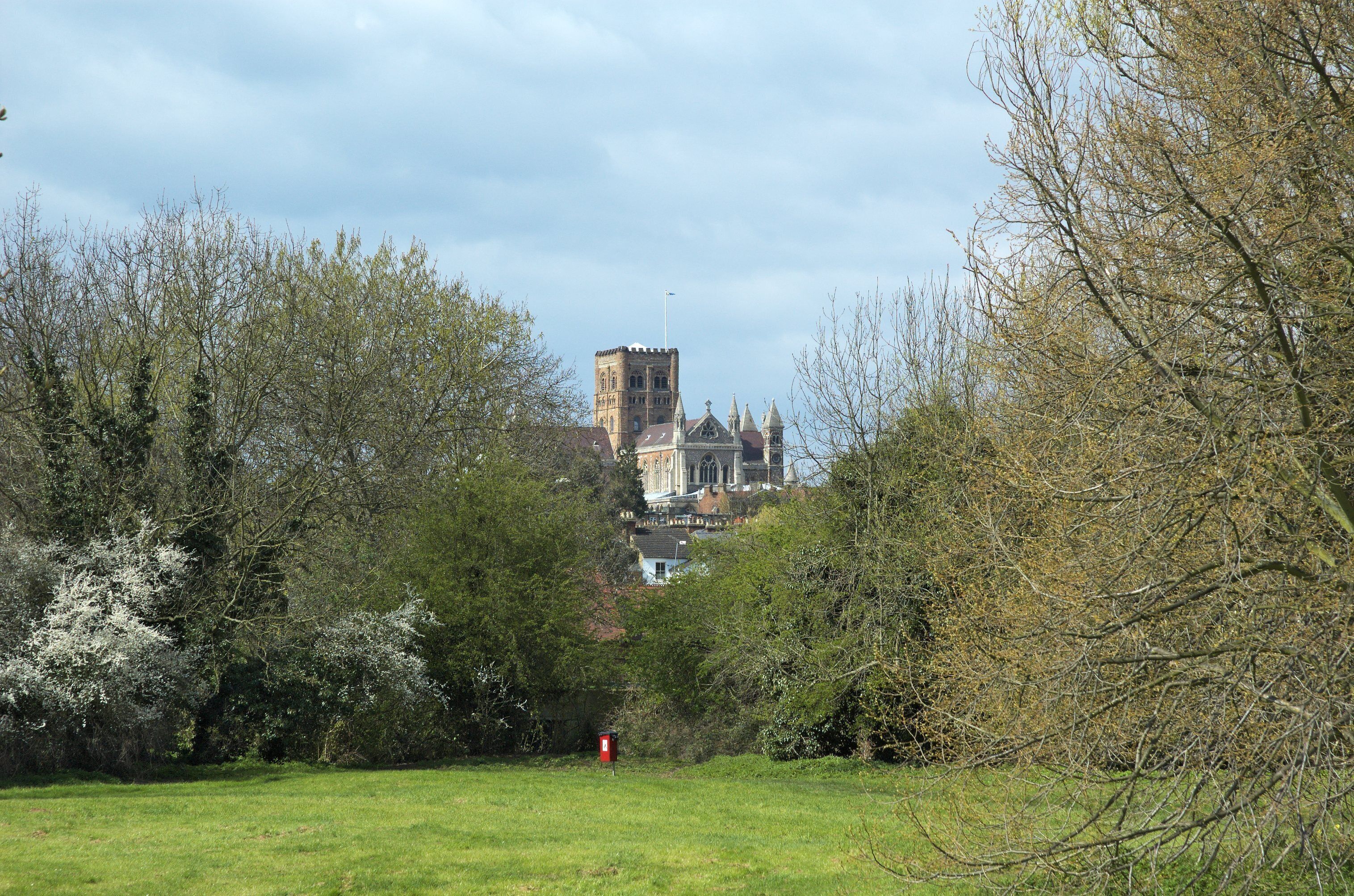 St Albans Cathedral, seen from the east at Cottonmill Lane.