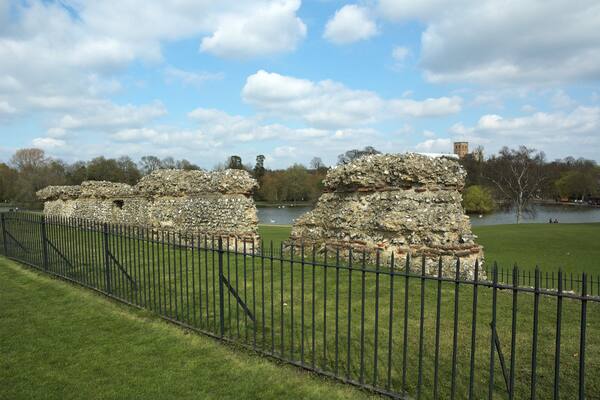 Surviving fragment of Verulamium city walls, known as St Germain's Block.