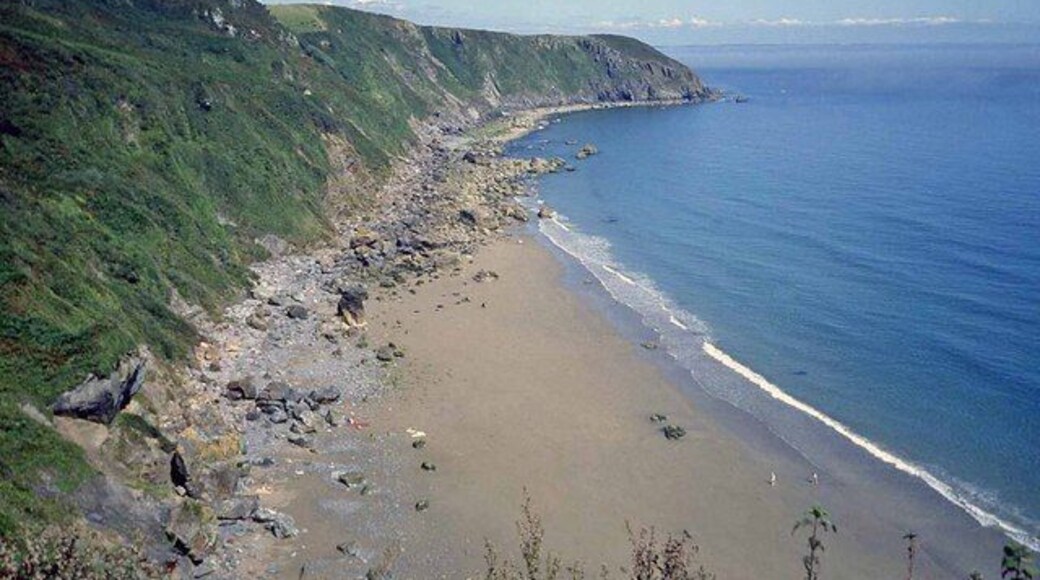 Great Perhaver Beach View north-east along the beach to Pabyer Point. August Bank holiday and there are only four people on the beach. A little tricky to get down to, but proves it is always possible to find a deserted beach in Cornwall.