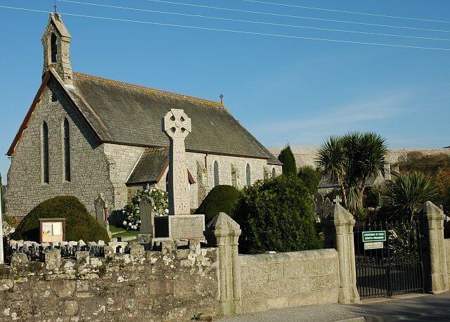 Nanpean Church. The large Celtic cross in the front of the church is the Nanpean War Memorial