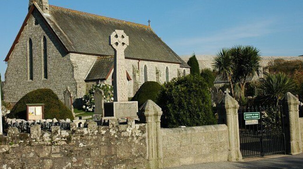 Nanpean Church. The large Celtic cross in the front of the church is the Nanpean War Memorial