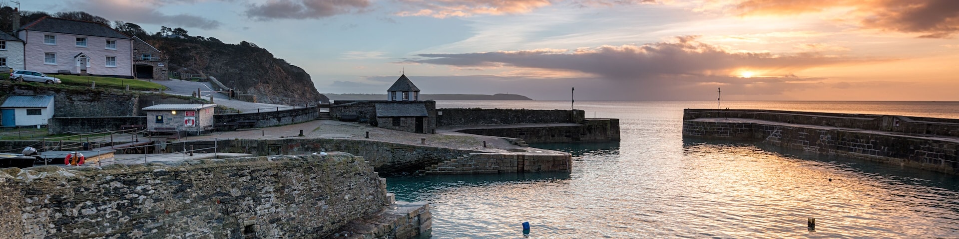 Sunrise at historic Charlestown harbour on the Cornwall coast near St Austell; Shutterstock ID 236660122; purchase_order: SP-1332 HA Batch 2 August 2018; Order: ; client: HomeAway; other: To be paid w
