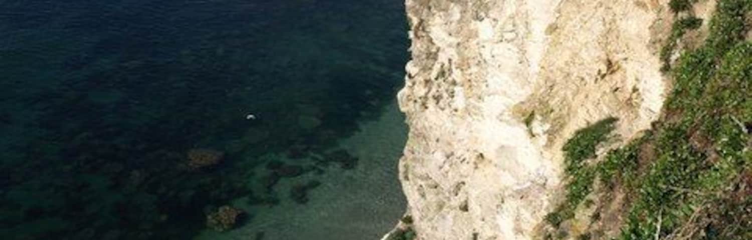 Cliff above Fanny's Beach The cliff is around 40 metres high here. Much of the beach is covered by the high tide. Gull Island, the large stack about 230 metres away, is in SX0451.
