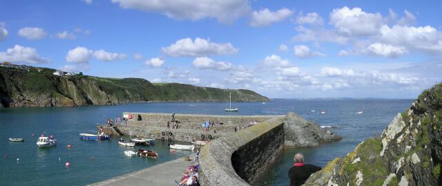 The harbour, Gorran Haven. Composite panorama of the harbour wall at Gorran Haven, with Turbot Point in the distance.