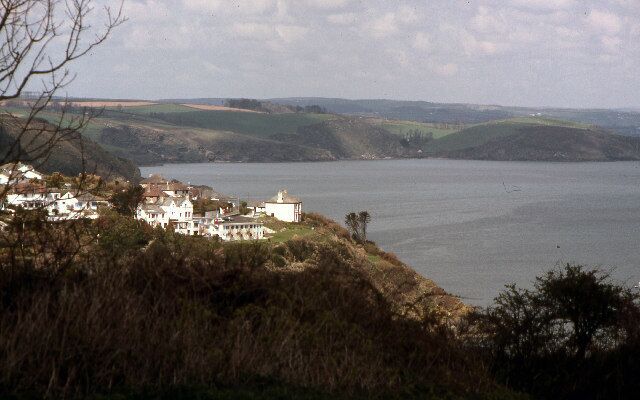 Portmellon from Bodrugan Barton. View from the south of Portmellon of the southern edge of the village above the cove.