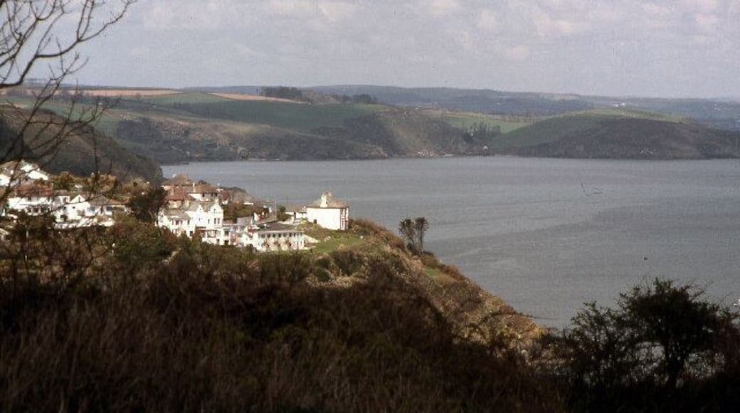 Portmellon from Bodrugan Barton. View from the south of Portmellon of the southern edge of the village above the cove.
