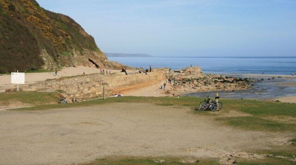 Old harbour wall at Pentewan The entrance to Pentewan harbour was beyond this old harbour wall and is completely silted up. The St Austell River runs into the sea just in front. The beach is a very popular venue at Bank Holidays and weekends.