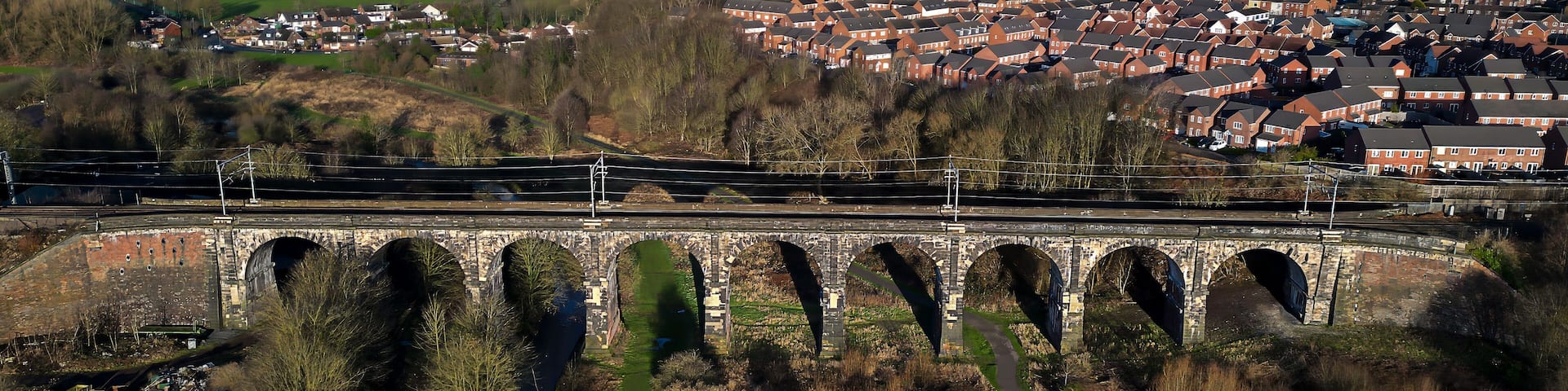 An aerial view of the Sankey Viaduct (Nine Arches) near Newton-le-Willows in Merseyside, UK