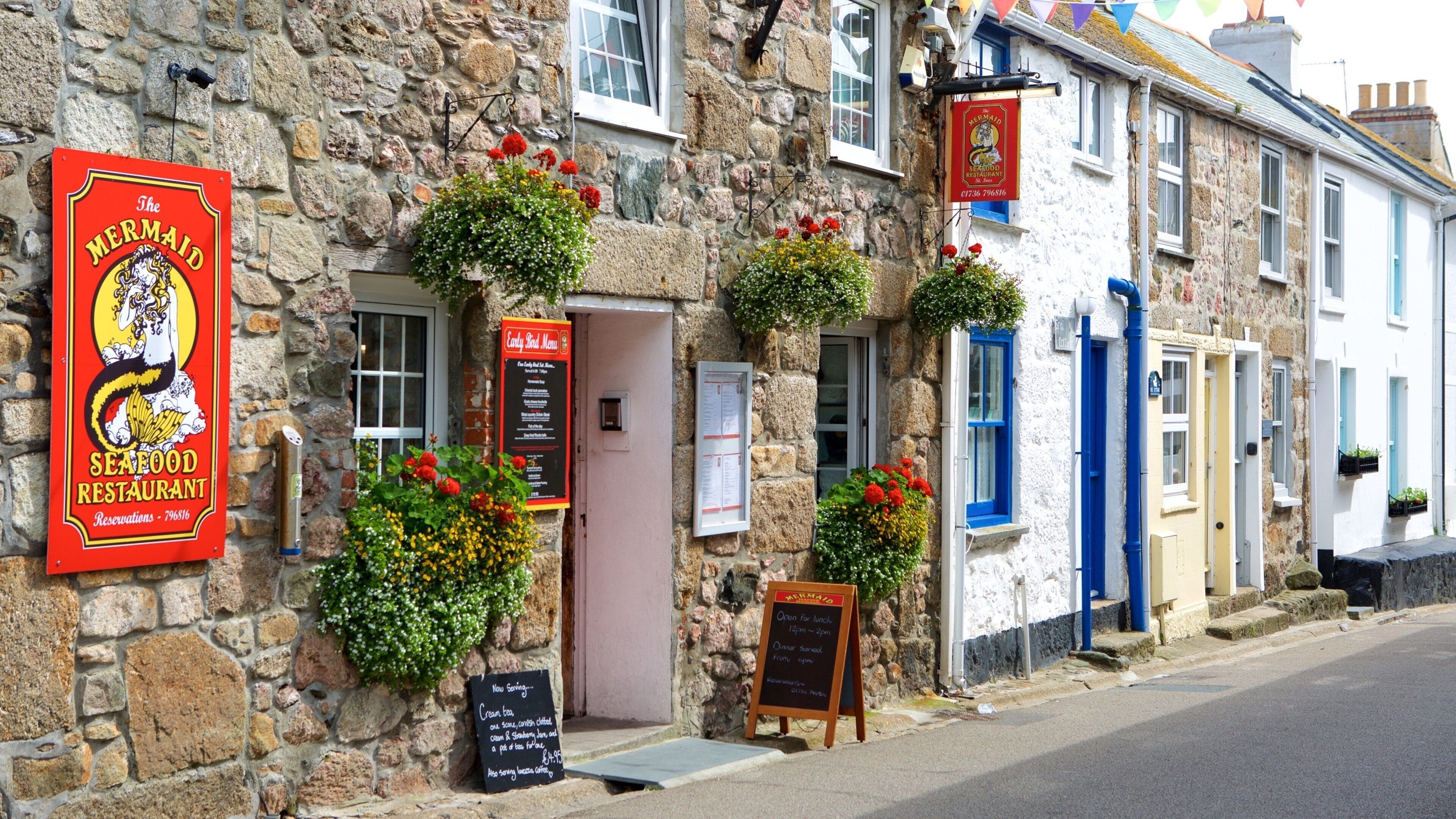 St Ives featuring café lifestyle, flowers and a coastal town