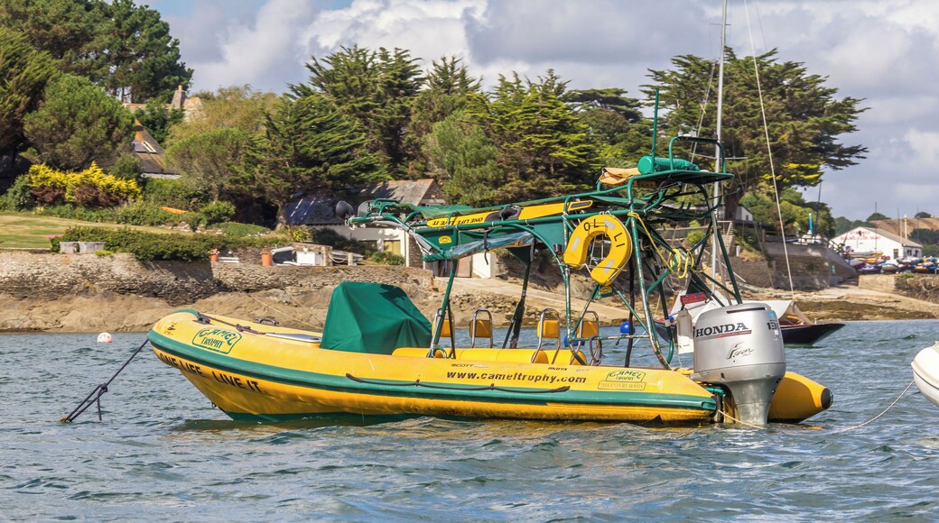 Inflatable boat of the Camel Trophy in harbour of St Mawes, Cornwall