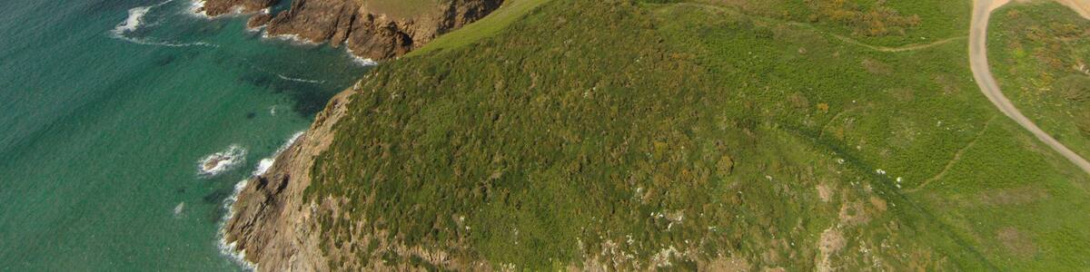 An aerial view of Plémont headland in Jersey, Channel Islands.