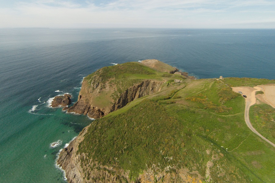 An aerial view of Plémont headland in Jersey, Channel Islands.