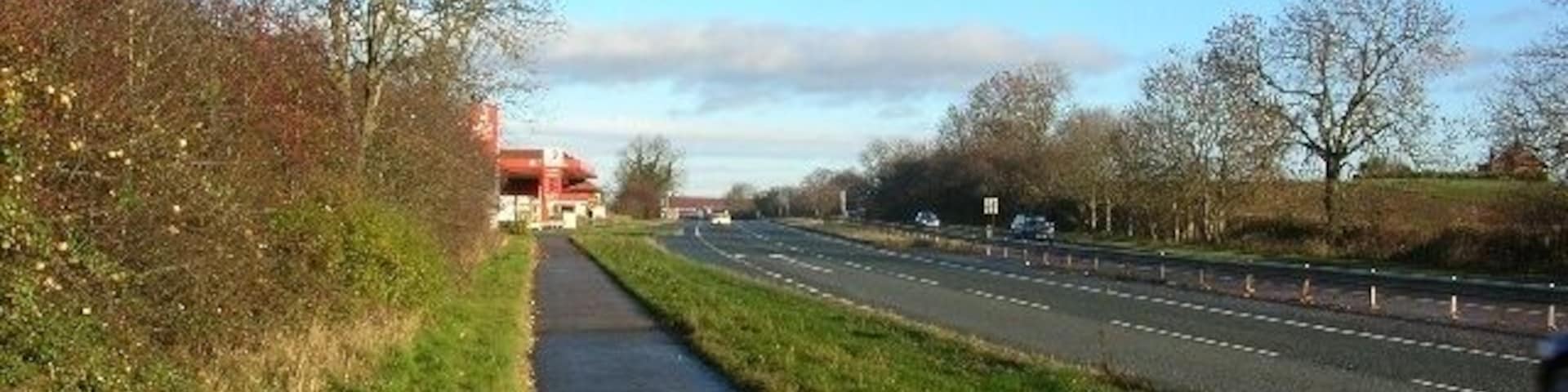 A64 at Bilbrough Top The Total petrol station, Little Chef and motel can just be seen ahead.