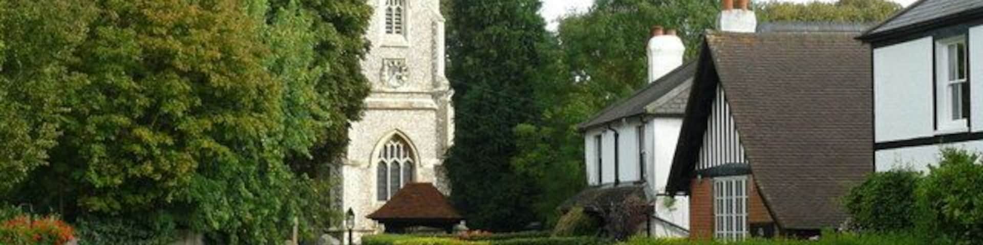 Walton on the Hill View across the village green, with houses of various periods on the right, and the church in the distance.