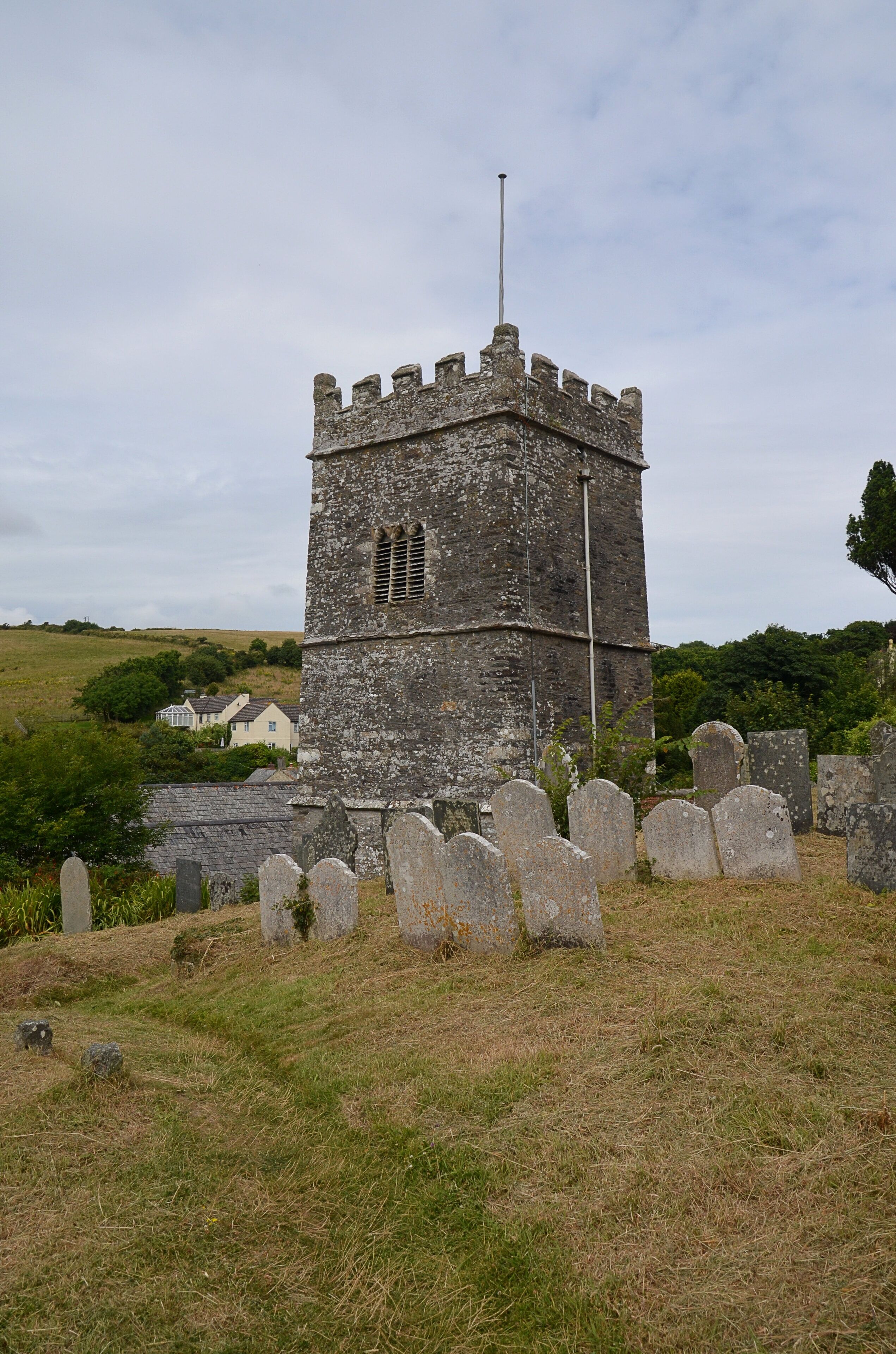 The tower of the Church Of St Tallanus, view from the upper part of the churchyard Wikidata has entry Q17529108 with data related to this item.